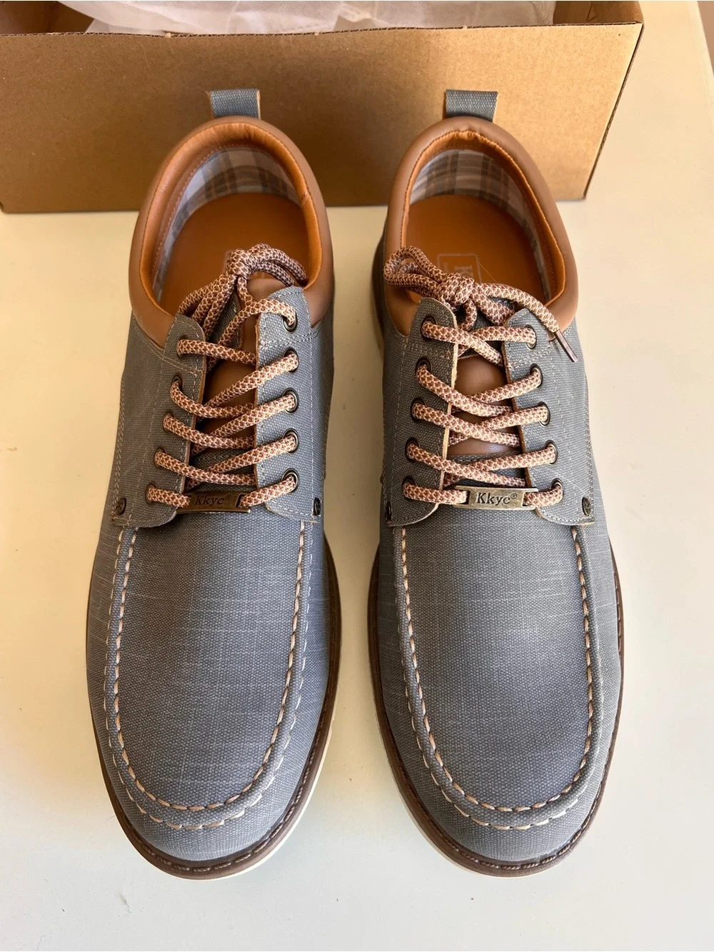 Men's Casual Blue Gray Canvas Lace-Up Shoes with Brown Trim